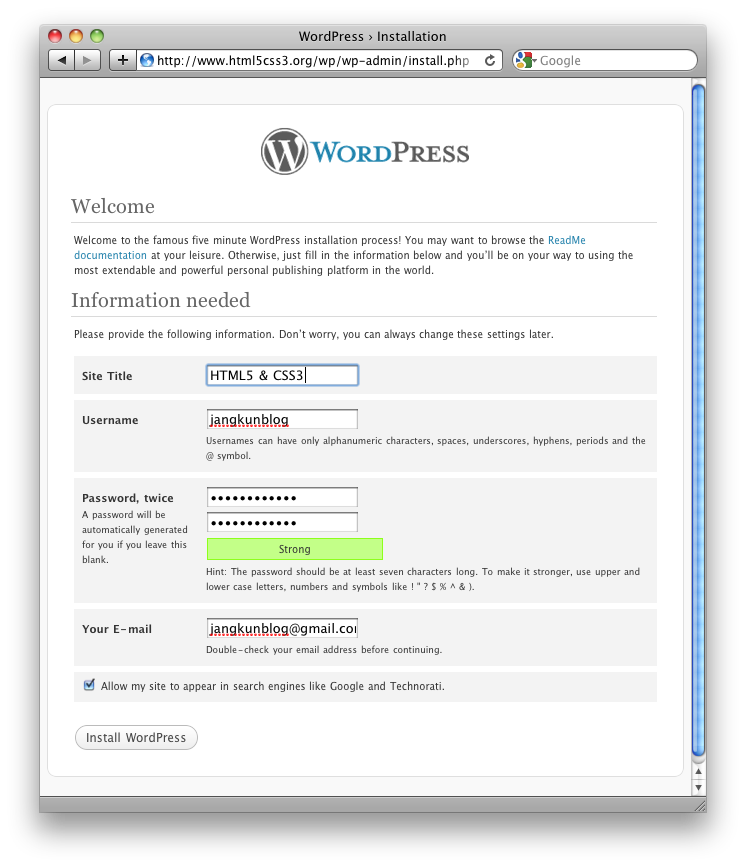 WordPress Installation Step 1